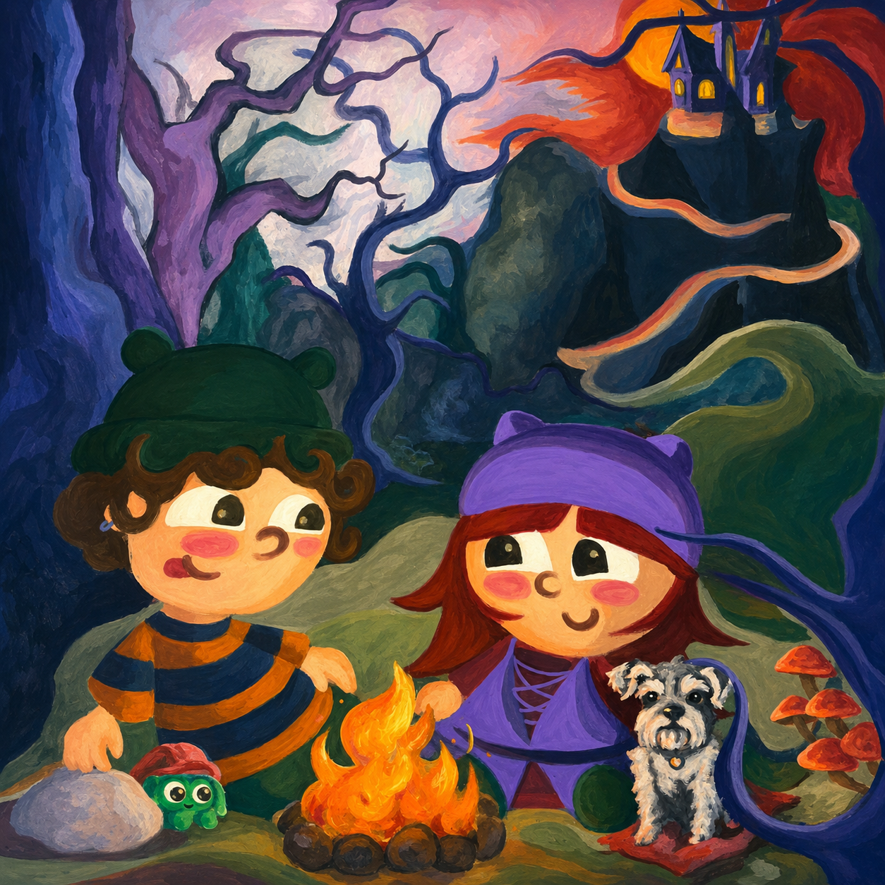Illustration of friends and a dog by a campfire in a magical forest