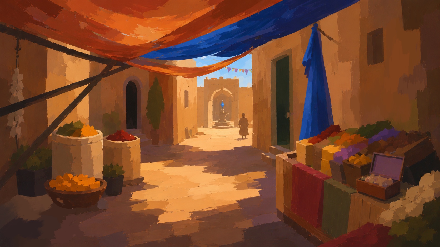 Digital painting of a sunlit market street
